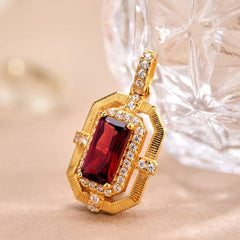 Glojewels Gold Vintage Halo Natural Garnet Emerald Cut Silver Pendant Necklace