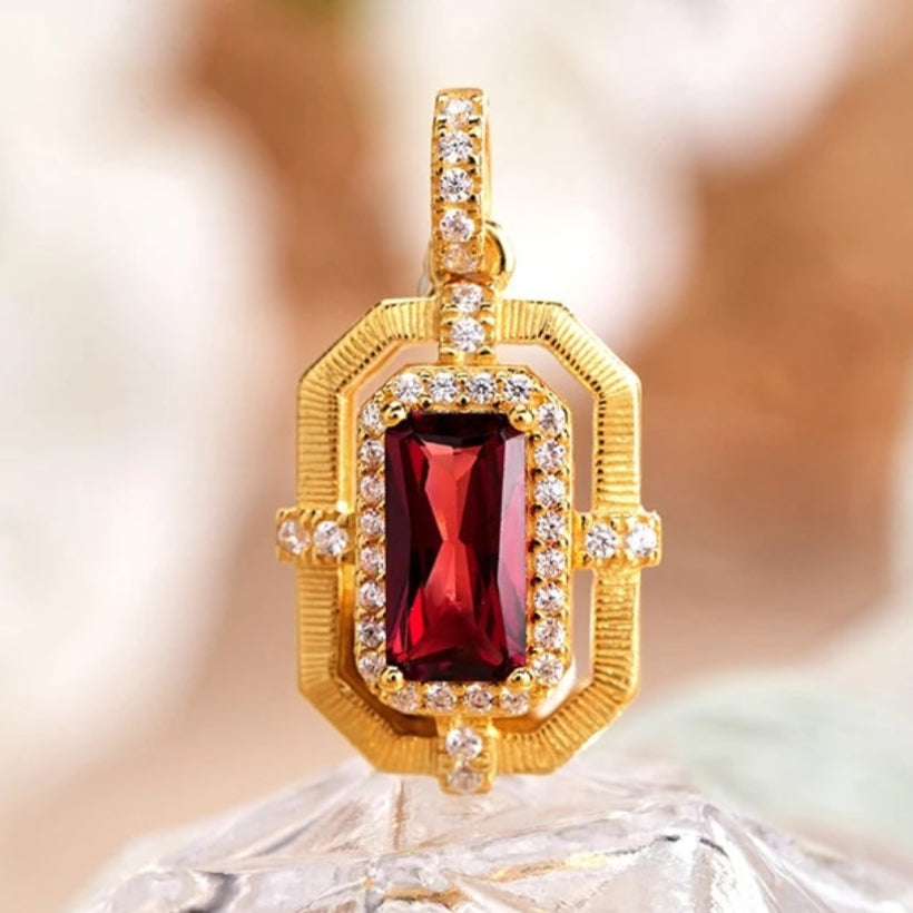 Glojewels Gold Vintage Halo Natural Garnet Emerald Cut Silver Pendant Necklace
