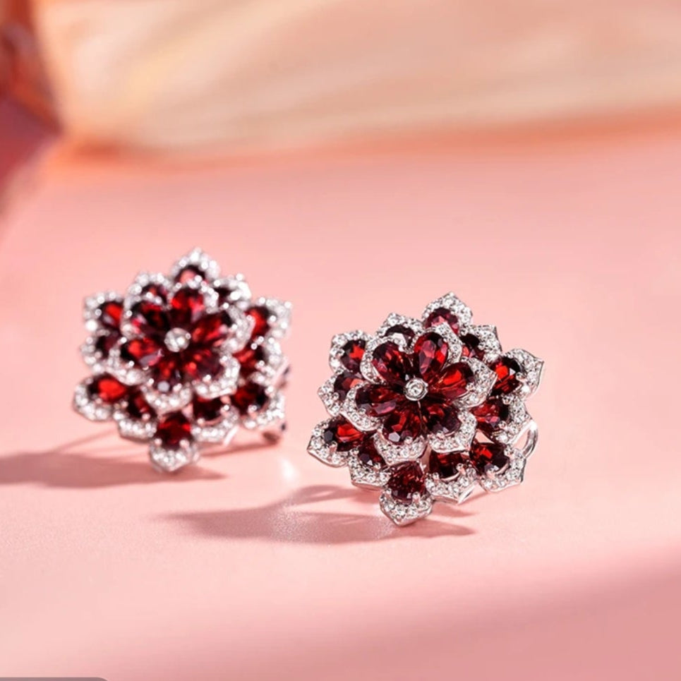 Glojewels Stunning Floral Cluster Natural Garnet Pear Cut Silver Stud Earring