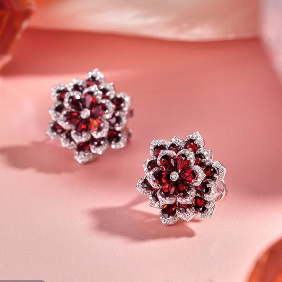 Glojewels Stunning Floral Cluster Natural Garnet Pear Cut Silver Stud Earring