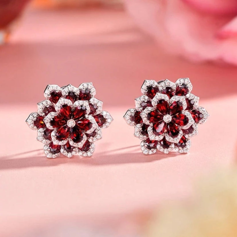 Glojewels Stunning Floral Cluster Natural Garnet Pear Cut Silver Stud Earring