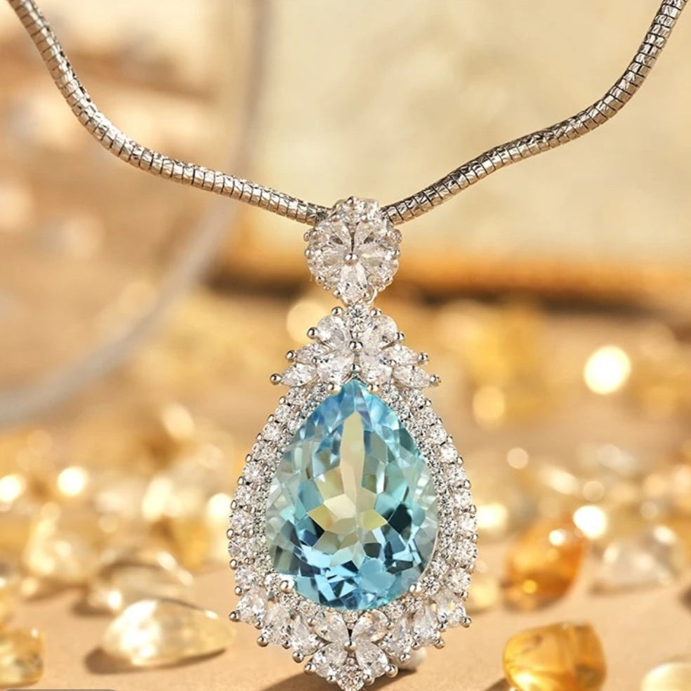 Glojewels Floral Accents Halo Blue Natural Topaz Pear Cut Silver Pendant Necklace
