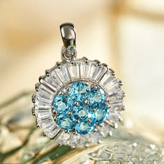 Glojewels Unique Floral Motif Blue Natural Topaz Round Cut Silver Pendant Necklace