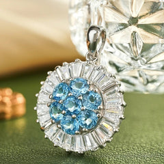 Glojewels Unique Floral Motif Blue Natural Topaz Round Cut Silver Pendant Necklace