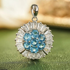 Glojewels Unique Floral Motif Blue Natural Topaz Round Cut Silver Pendant Necklace