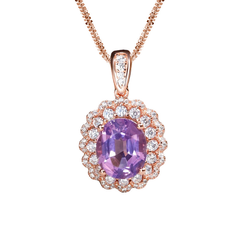 Glojewels Rose Gold Double Halo Purple Natural Amethyst Oval Cut Silver Pendant Necklace
