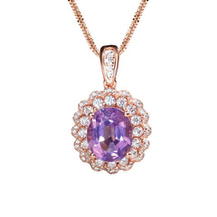 Glojewels Rose Gold Double Halo Purple Natural Amethyst Oval Cut Silver Pendant Necklace