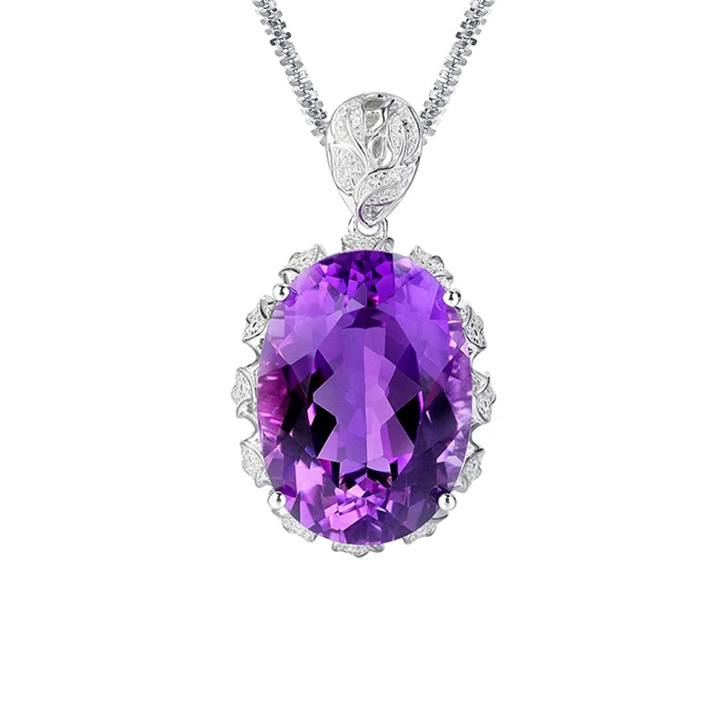 Glojewels Royal Purple Natural Amethyst Oval Cut Silver Pendant Necklace