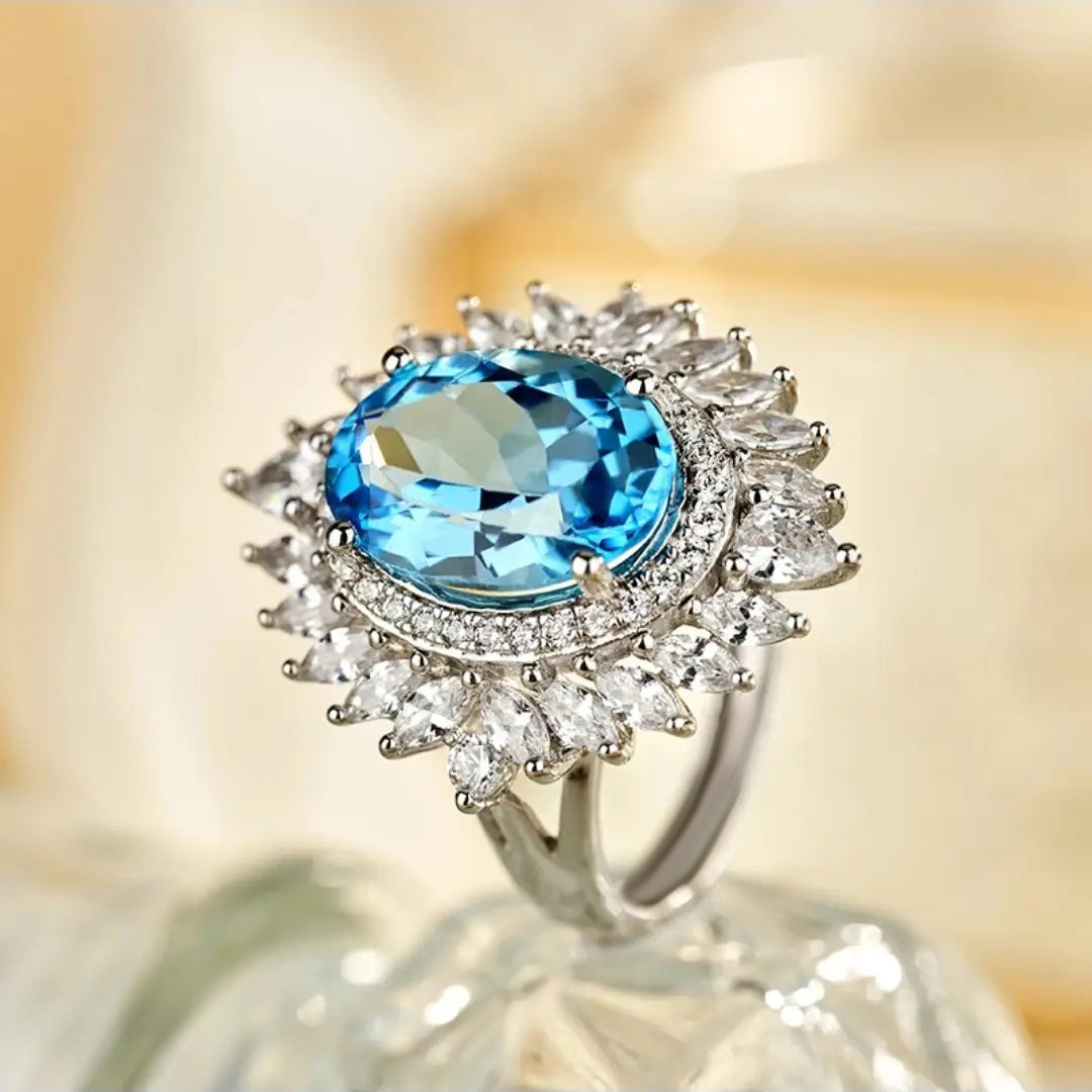 Glojewels Flower Double Halo Blue Natural Topaz Oval Cut Silver Ring