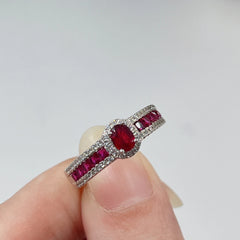 Glojewels Halo Vintage Elegant Red Natural Ruby Oval Cut Silver Ring