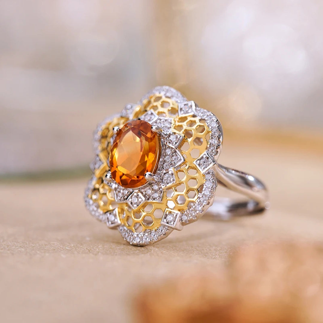 Glojewels Two-Tone Floral Statement Natural Citrine Oval Cut Silver Ring