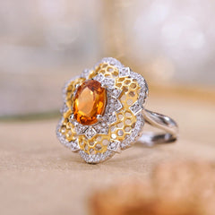 Glojewels Two-Tone Floral Statement Natural Citrine Oval Cut Silver Ring