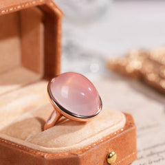 Glojewels Rose Gold Solitaire Natural Rose Quartz Oval Cut Silver Ring