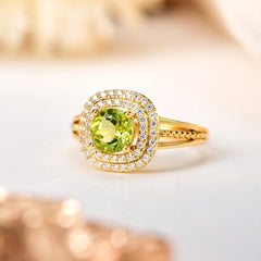 Glojewels Gold Double Halo Green Natural Peridot Cushion Cut Silver Ring