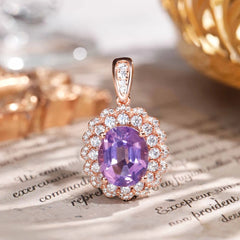 Glojewels Rose Gold Double Halo Purple Natural Amethyst Oval Cut Silver Pendant Necklace