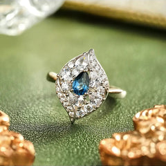 Glojewels Leaf Design London Blue Natural Topaz Pear Cut Silver Ring