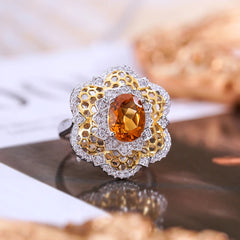 Glojewels Two-Tone Floral Statement Natural Citrine Oval Cut Silver Ring