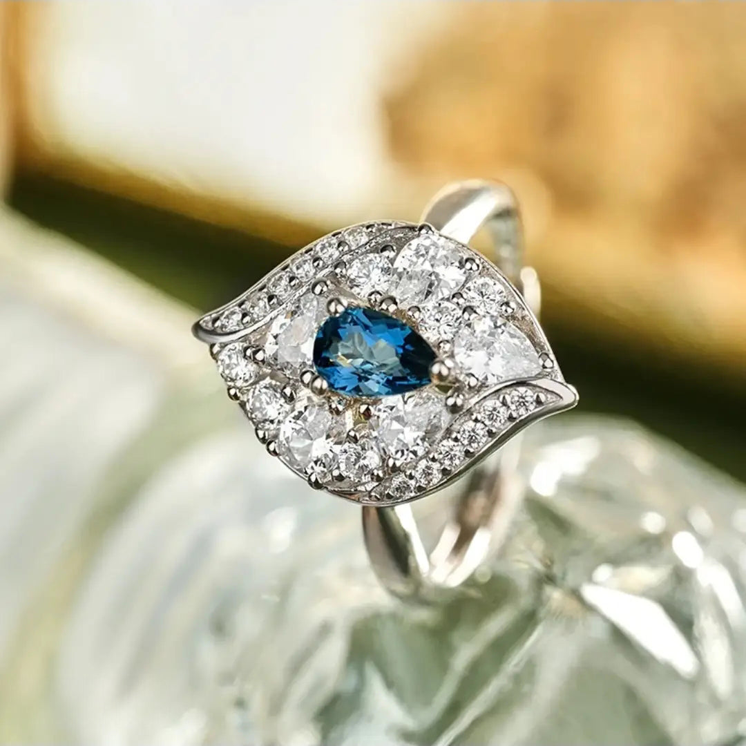 Glojewels Leaf Design London Blue Natural Topaz Pear Cut Silver Ring