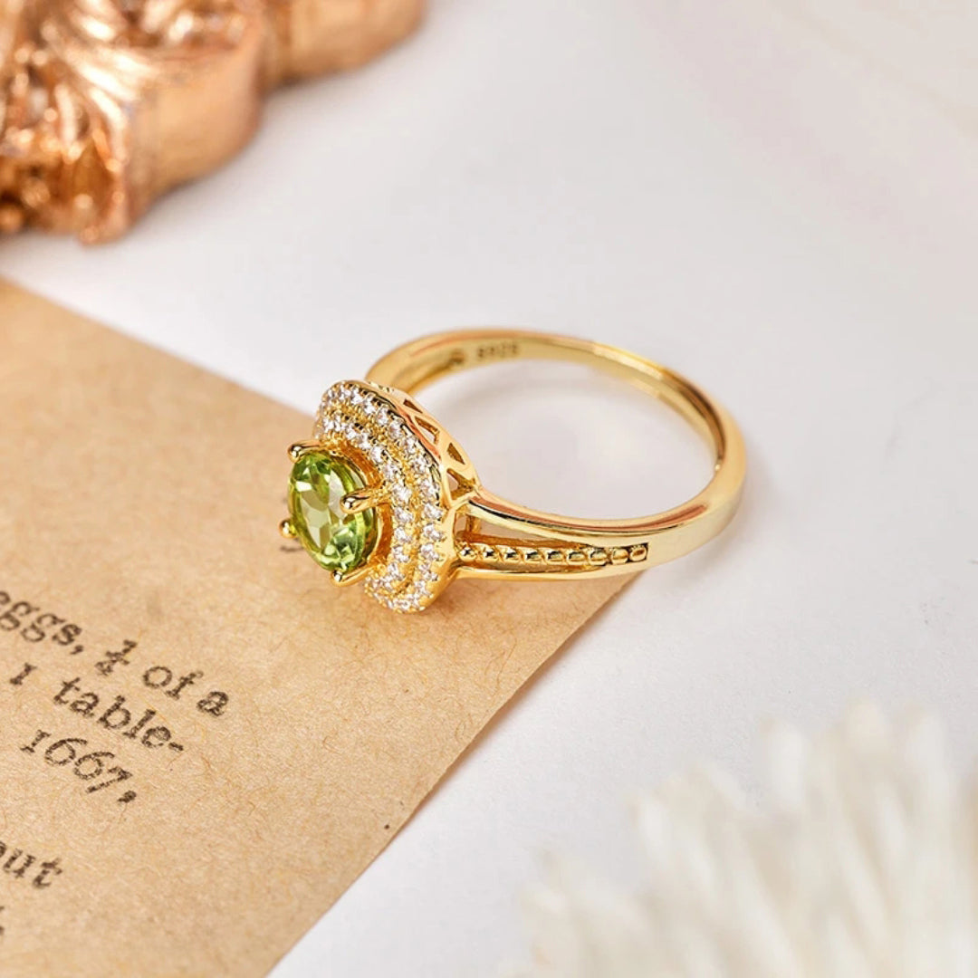 Glojewels Gold Double Halo Green Natural Peridot Cushion Cut Silver Ring