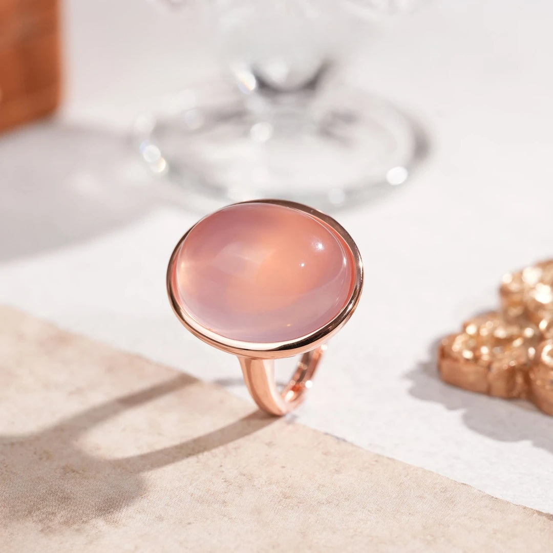 Glojewels Rose Gold Solitaire Natural Rose Quartz Oval Cut Silver Ring