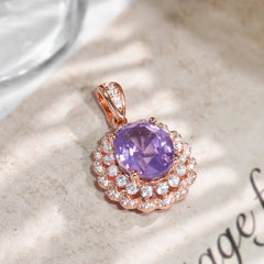 Glojewels Rose Gold Double Halo Purple Natural Amethyst Oval Cut Silver Pendant Necklace