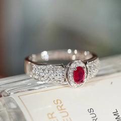 Glojewels Elegant Vintage Deep Red Natural Ruby Oval Cut Silver Ring