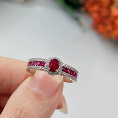 Glojewels Halo Vintage Elegant Red Natural Ruby Oval Cut Silver Ring