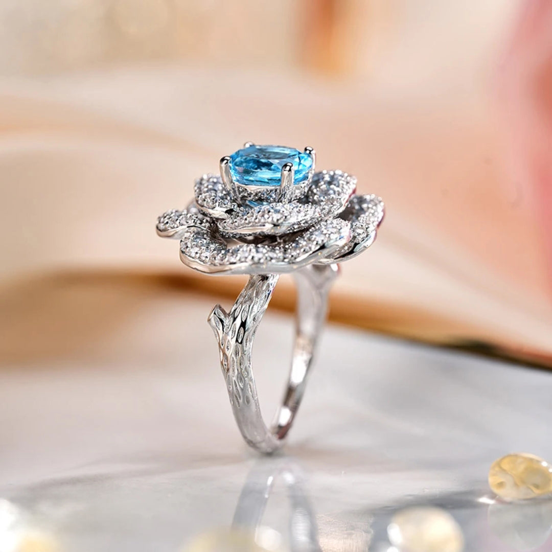 Glojewels Romantic Blossom Cluster Aqua Blue Natural Topaz Oval Cut Silver Ring