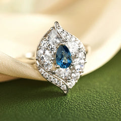 Glojewels Leaf Design London Blue Natural Topaz Pear Cut Silver Ring