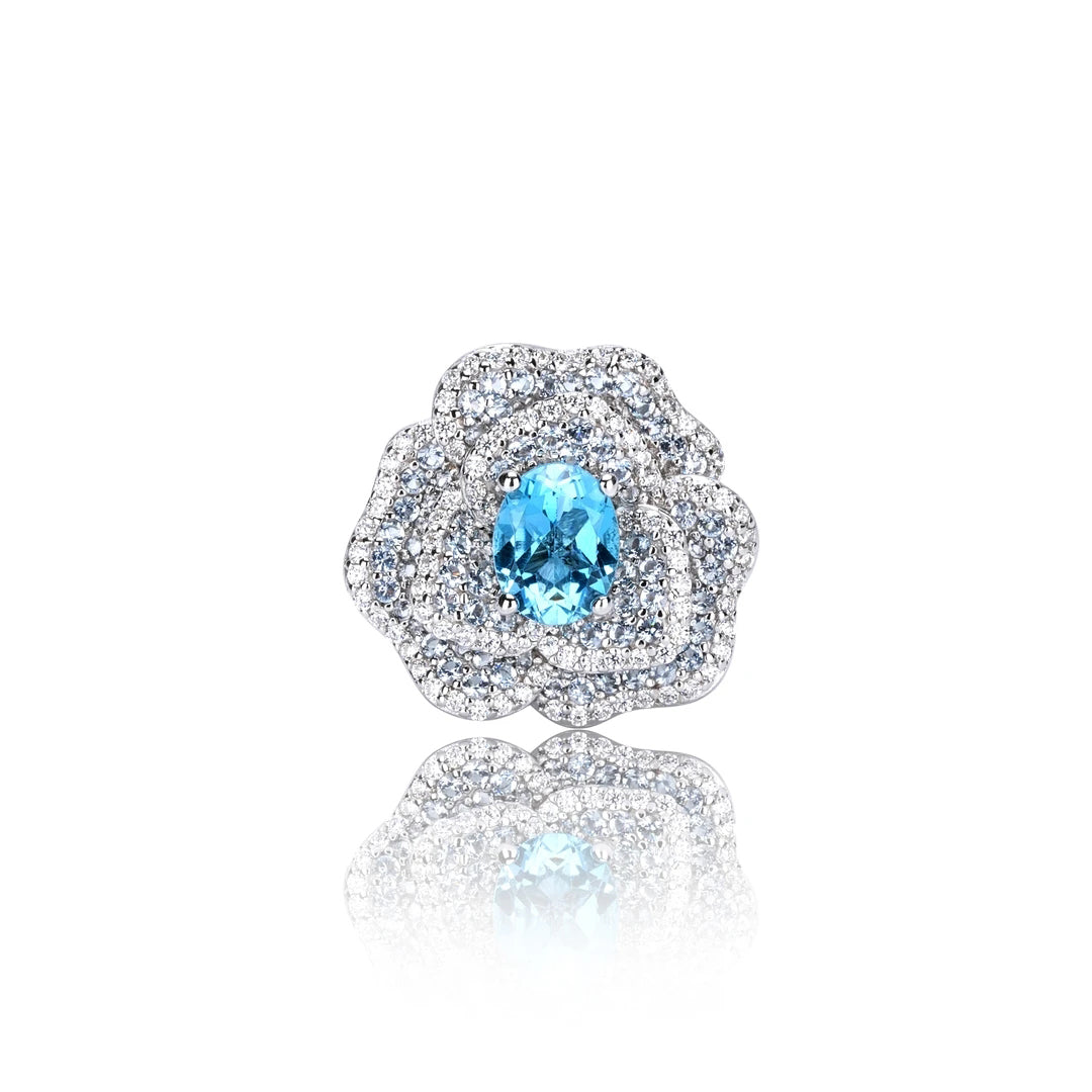 Glojewels Romantic Blossom Cluster Aqua Blue Natural Topaz Oval Cut Silver Ring