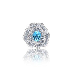 Glojewels Romantic Blossom Cluster Aqua Blue Natural Topaz Oval Cut Silver Ring