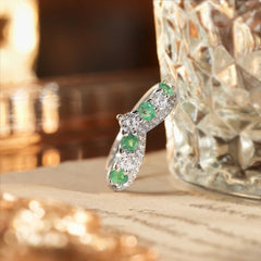 Glojewels Stunning Trio Green Natural Emerald Round Cut Silver Band Ring