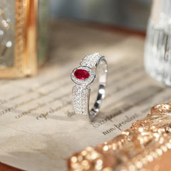 Glojewels Elegant Vintage Deep Red Natural Ruby Oval Cut Silver Ring