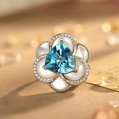 Glojewels Halo Flower Design Blue Natural Topaz Triangle Cut Silver Ring