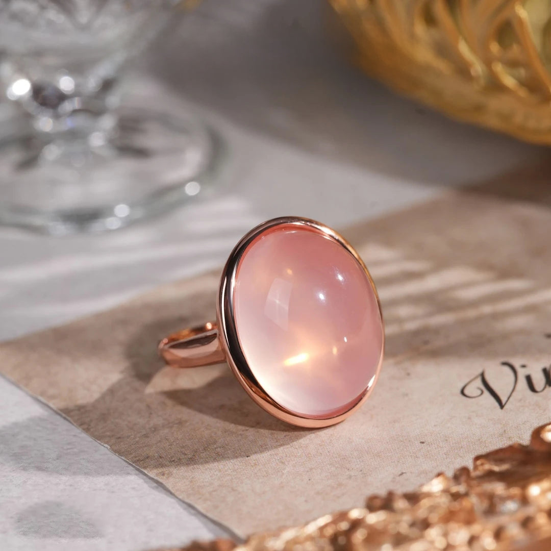 Glojewels Rose Gold Solitaire Natural Rose Quartz Oval Cut Silver Ring