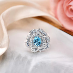 Glojewels Romantic Blossom Cluster Aqua Blue Natural Topaz Oval Cut Silver Ring