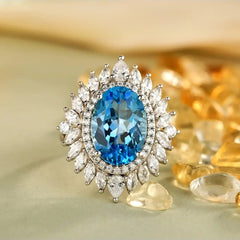 Glojewels Flower Double Halo Blue Natural Topaz Oval Cut Silver Ring