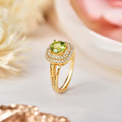 Glojewels Gold Double Halo Green Natural Peridot Cushion Cut Silver Ring