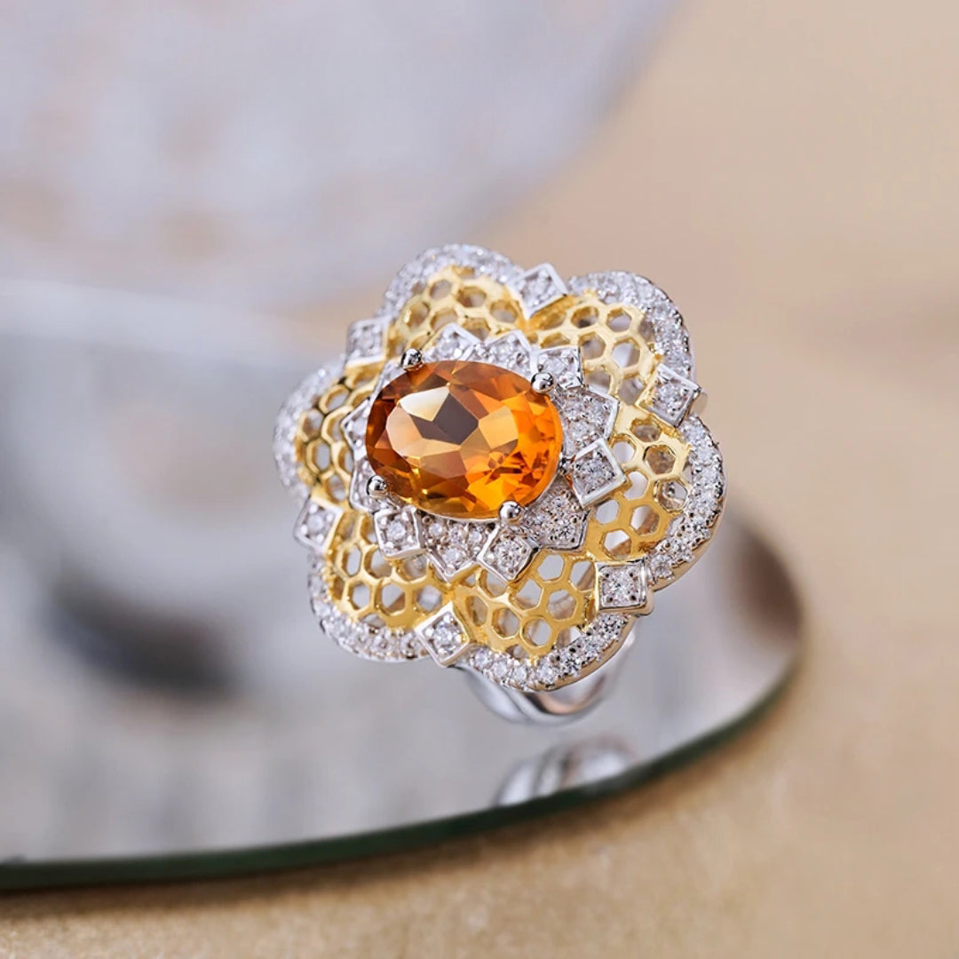 Glojewels Two-Tone Floral Statement Natural Citrine Oval Cut Silver Ring