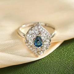 Glojewels Leaf Design London Blue Natural Topaz Pear Cut Silver Ring