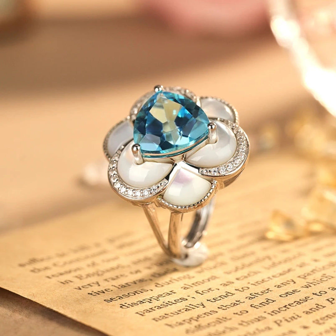 Glojewels Halo Flower Design Blue Natural Topaz Triangle Cut Silver Ring