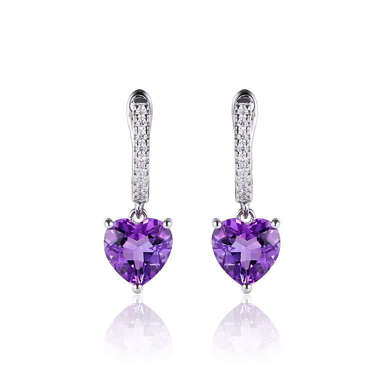Glojewels Timeless Elegance Purple Natural Amethyst Heart Cut Silver Hoop&Drop Earring