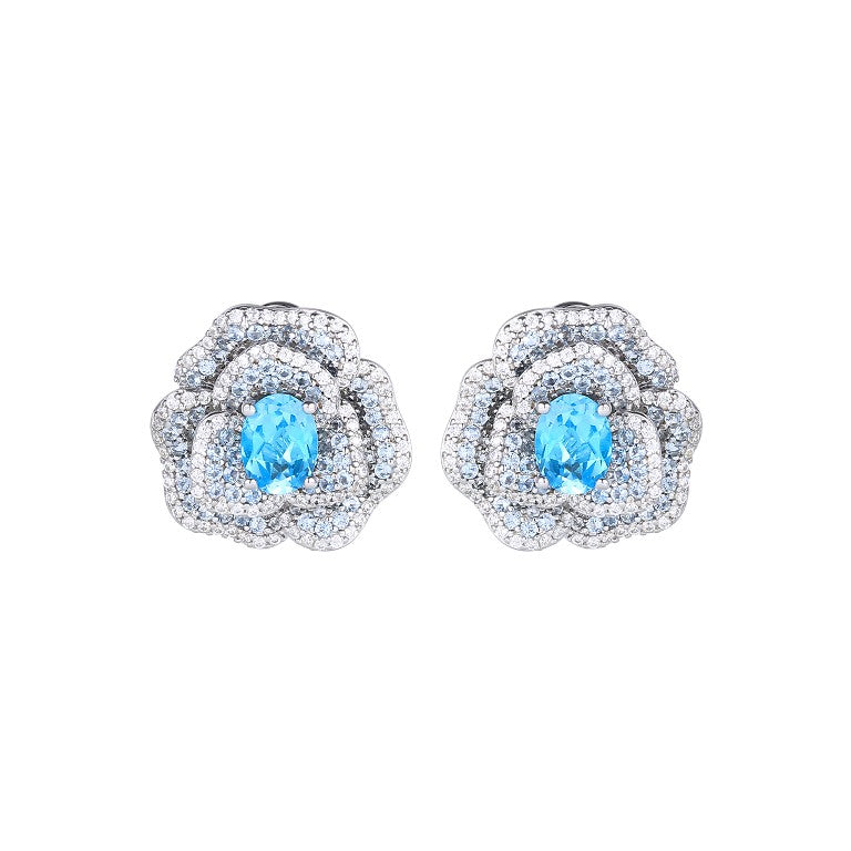 Glojewels Romantic Blossom Cluster Aqua Blue Natural Topaz Oval Cut Silver Stud Earring