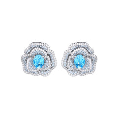 Glojewels Romantic Blossom Cluster Aqua Blue Natural Topaz Oval Cut Silver Stud Earring