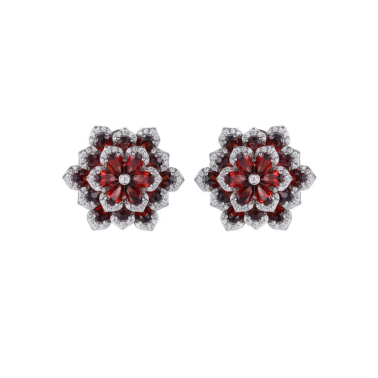 Glojewels Stunning Floral Cluster Natural Garnet Pear Cut Silver Stud Earring