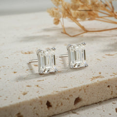 Glojewels Designer Emerald Cut White Sapphire 1ct Moissanite Silver Stud Earrings