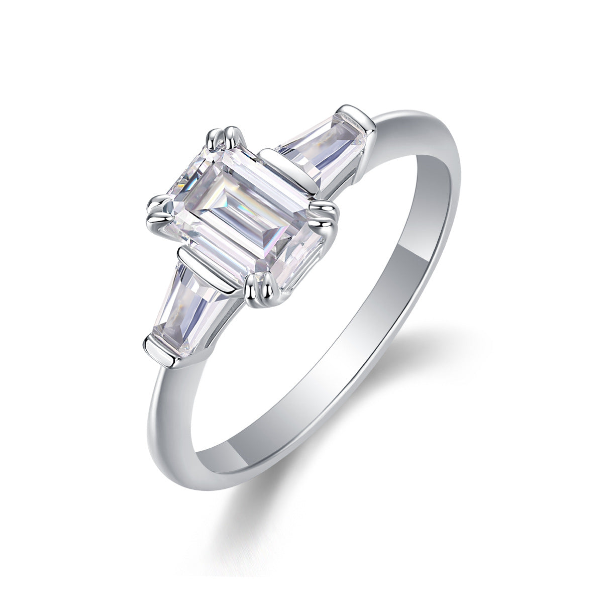 Glojewels Three Stone Simple White Sapphire 1ct Moissanite Emerald Cut Silver Ring