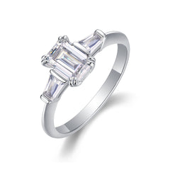 Glojewels Three Stone Simple White Sapphire 1ct Moissanite Emerald Cut Silver Ring