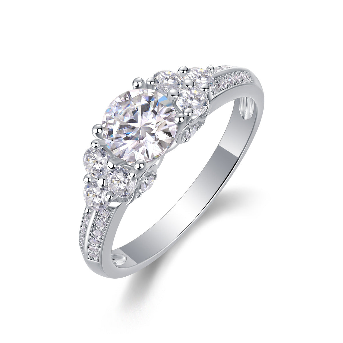 Glojewels Three Stone Starburst White Sapphire 1ct Moissanite Round Cut Silver Ring