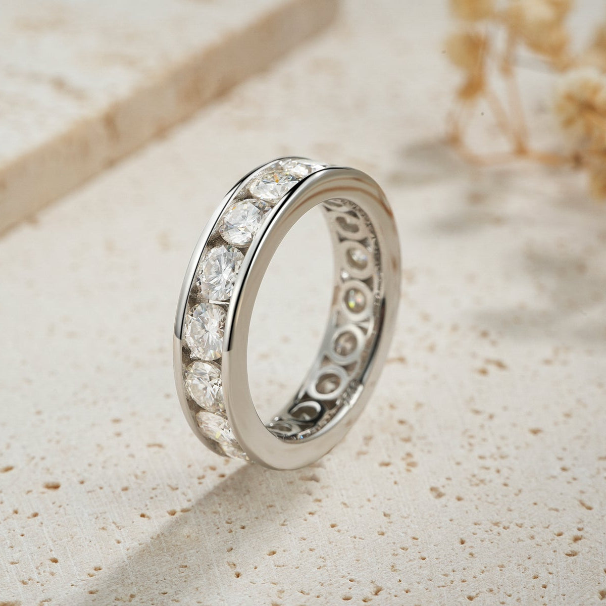 Glojewels Eternity Bezel Setting White Sapphire Moissanite Round Cut Silver Band Ring
